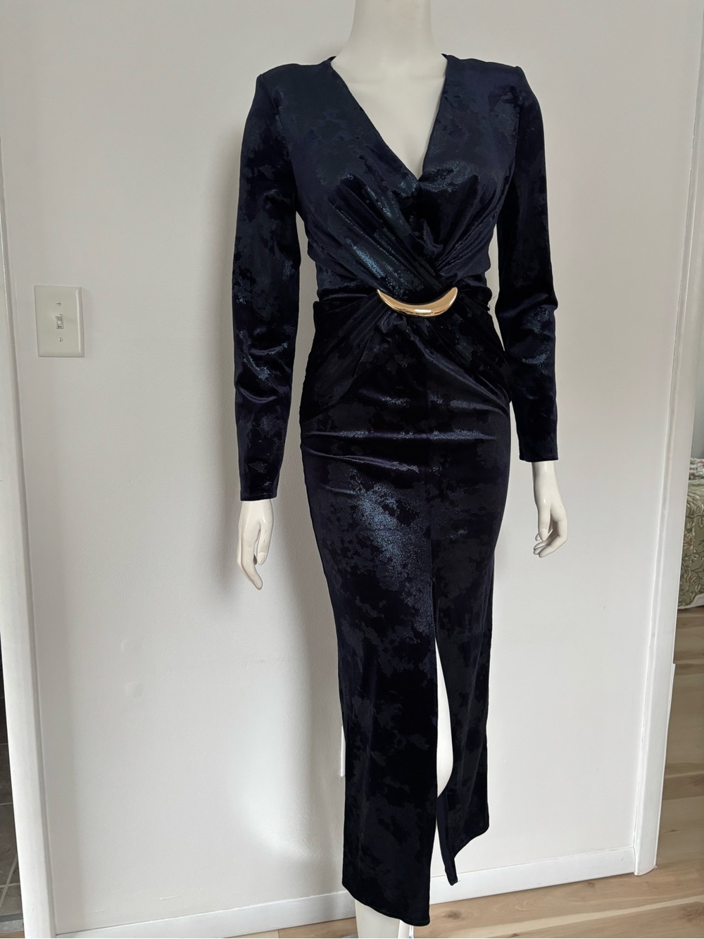 Zara  Midnight Blue Velvet Dress with Gold Waist Detail